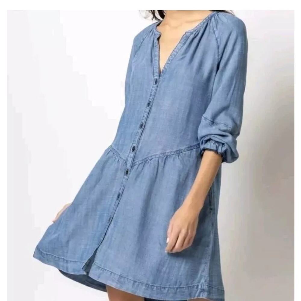 Lilla P Dress Women's XS Chambray Denim Button Down Drape Drop Waist Jean
